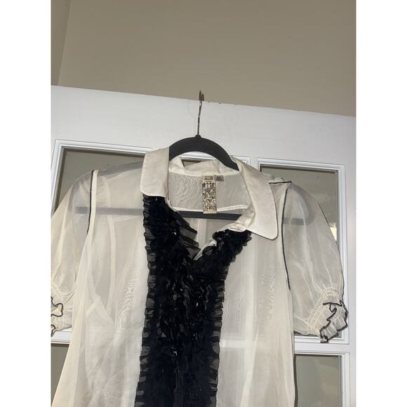 Twelve By Twelve Ruffle Button Top Large White Black Sheer Romantic Blouse Vamp - Picture 2 of 5